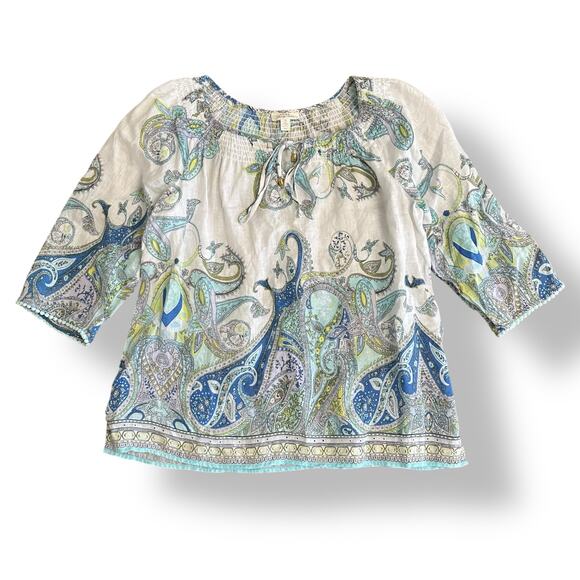 Charter Club Linen Paisley Peasant Top 1X White Blue Green 3/4 Sleeve Resort‎ - Picture 1 of 8